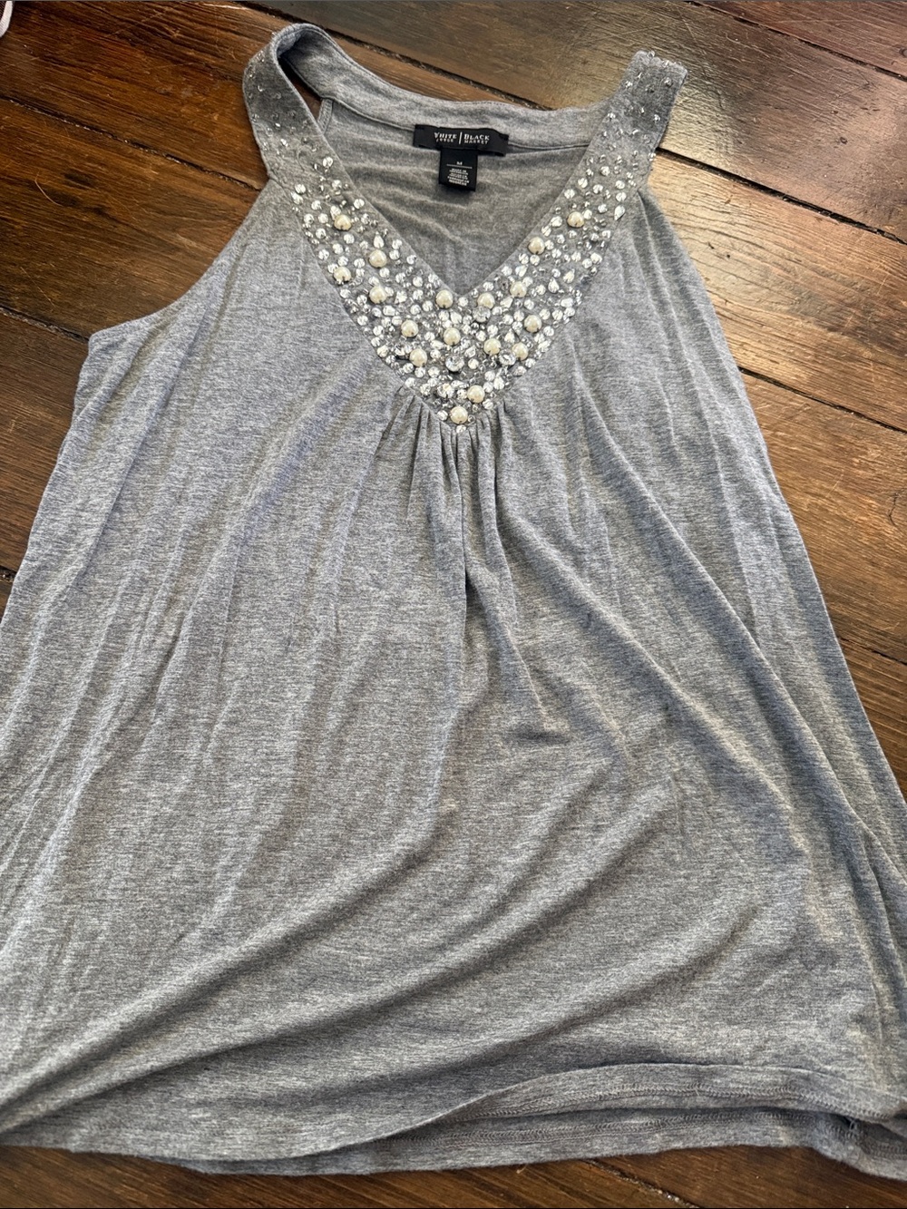 White House Black Market Gray Embellished V-Neck Tank